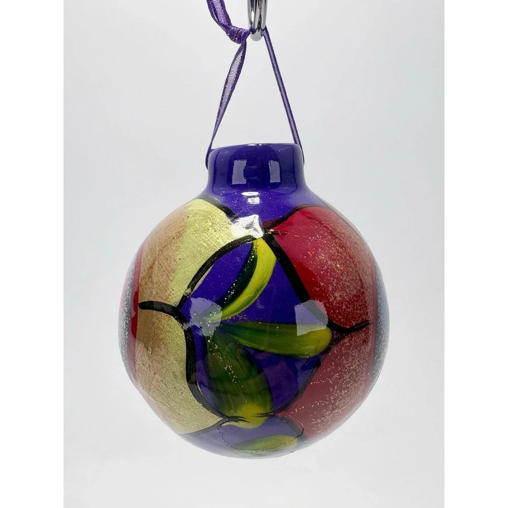 Hand Painted Ceramic Terra Cotta Ornament Folk Art Purple‎ Gold Ribbon Hang